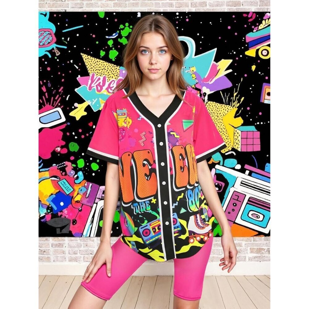 80s 90s Women Hip Hop Costume Baseball Jersey Top Retro Short Sleeve Shirt - Picture 2 of 6